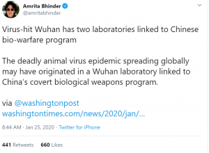 Figure 7: Anti-Chinese tweet by Amrita Bhinder